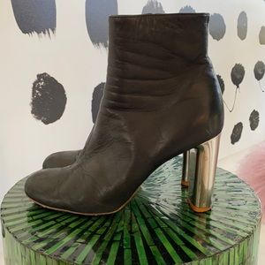 CELINE BLACK LEATHER BOOTIES WITH SILVER STACKED HEELS SZ 10.5